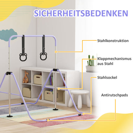 Adjustable Kids Gymnastics Bar with Rings, Foldable Steel Frame