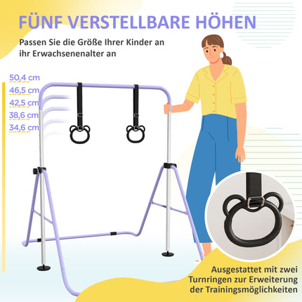 Adjustable Kids Gymnastics Bar with Rings, Foldable Steel Frame