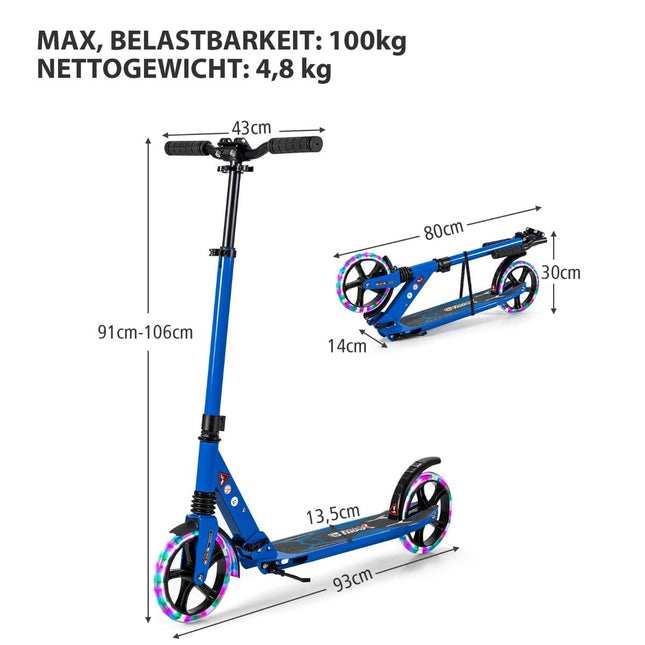 Adjustable Kids Scooter with LED Wheels, Foldable, Blue
