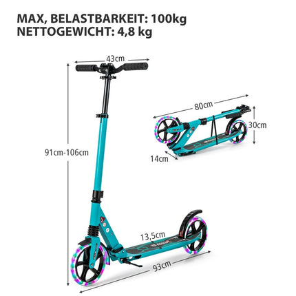 Adjustable Kids Scooter with LED Wheels, Foldable, Turquoise