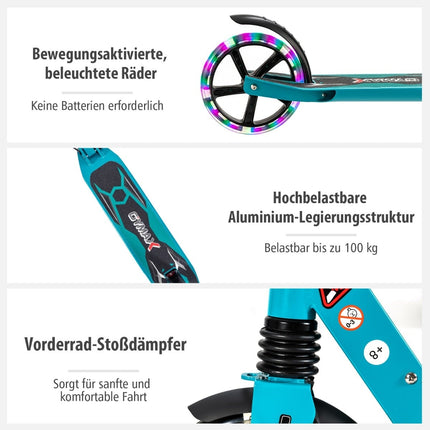 Adjustable Kids Scooter with LED Wheels, Foldable, Turquoise