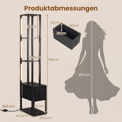 Adjustable LED Floor Lamp with Shelves and Table, Black