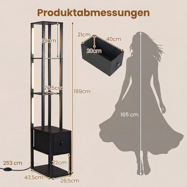 Adjustable LED Floor Lamp with Shelves and Table, Black