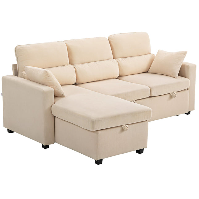Verstelbare L-vormige slaapbank met opbergruimte, beige