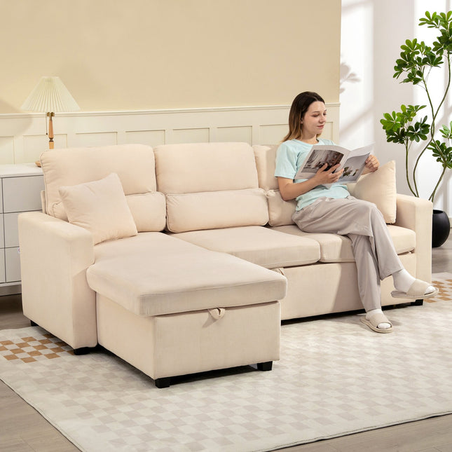 Verstelbare L-vormige slaapbank met opbergruimte, beige