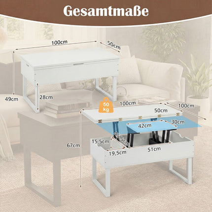 Adjustable Lift-Top Coffee Table with Hidden Storage, White