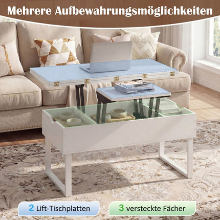 Adjustable Lift-Top Coffee Table with Hidden Storage, White