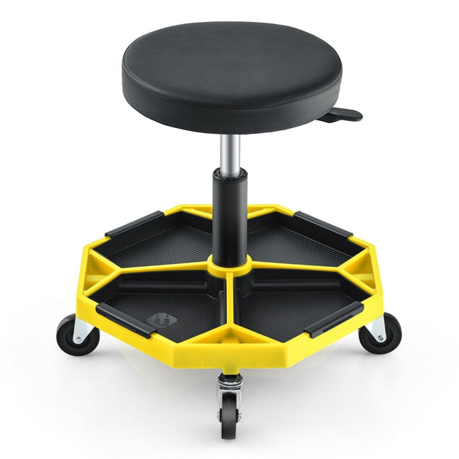 Adjustable Mechanic Stool with Tray, 150kg Capacity, Yellow