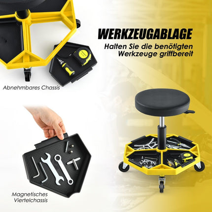 Adjustable Mechanic Stool with Tray, 150kg Capacity, Yellow