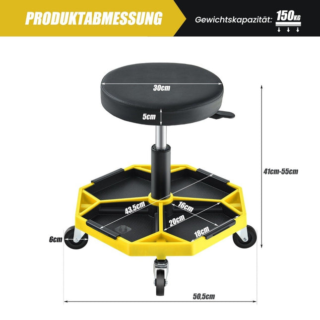 Adjustable Mechanic Stool with Tray, 150kg Capacity, Yellow