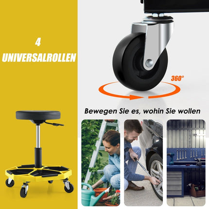 Adjustable Mechanic Stool with Tray, 150kg Capacity, Yellow