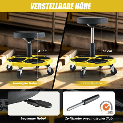Adjustable Mechanic Stool with Tray, 150kg Capacity, Yellow