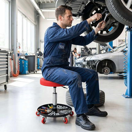 Adjustable Mechanic Stool with Wheels and Storage – Red