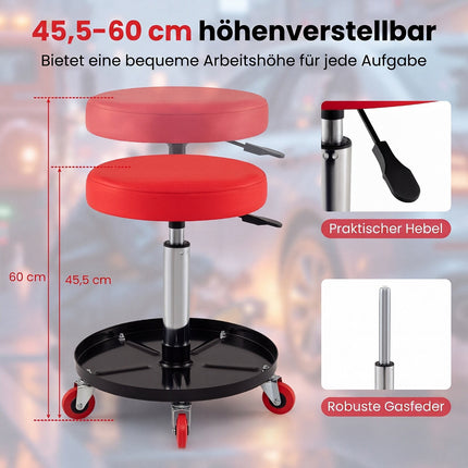 Adjustable Mechanic Stool with Wheels and Storage – Red