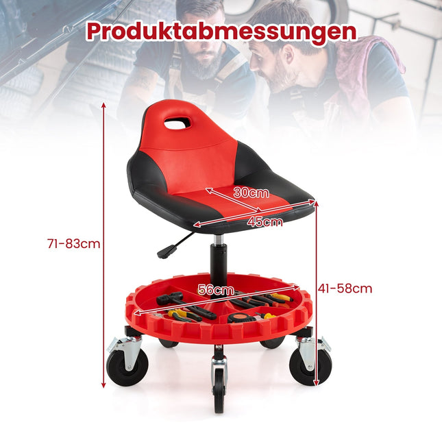 Verstelbare monteurskruk met wielen en gereedschapsbak, rood