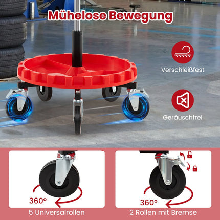 Adjustable Mechanic Stool with Wheels and Tool Tray, Red