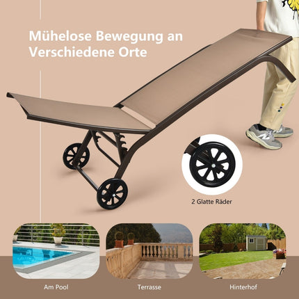 Adjustable Outdoor Steel Recliner with Wheels, Brown