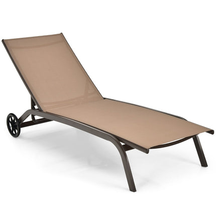 Adjustable Outdoor Steel Recliner with Wheels, Brown
