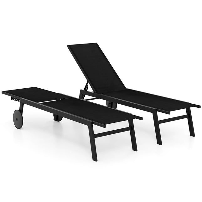 Adjustable Outdoor Sun Lounger Set with Wheels, Black