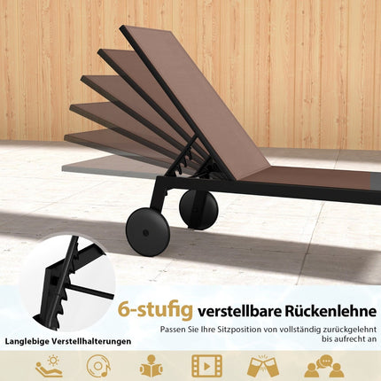 Adjustable Outdoor Sun Lounger Set with Wheels, Brown