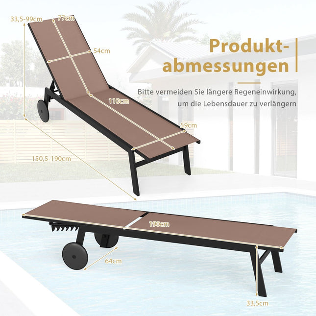 Adjustable Outdoor Sun Lounger Set with Wheels, Brown