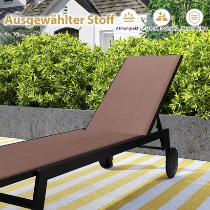 Adjustable Outdoor Sun Lounger Set with Wheels, Brown