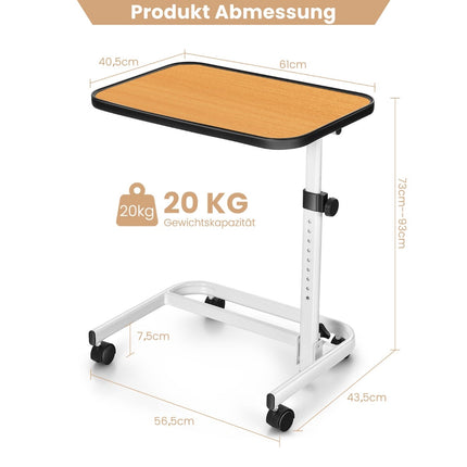 Adjustable Overbed Table on Wheels, 60.5 x 40 cm, Natural