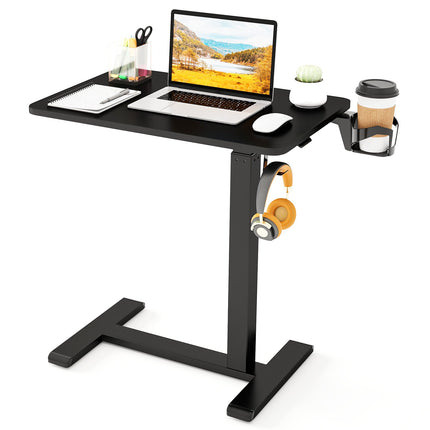 Adjustable Overbed Table with Cup Holder & Hooks, Black