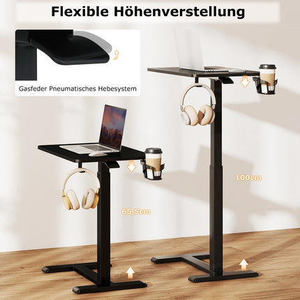 Adjustable Overbed Table with Cup Holder & Hooks, Black