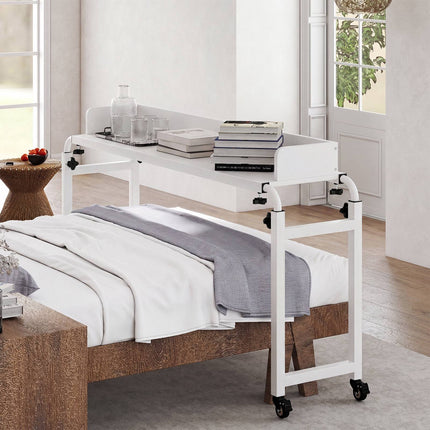 Adjustable Overbed Table with Wheels, White, 135.5-206 cm