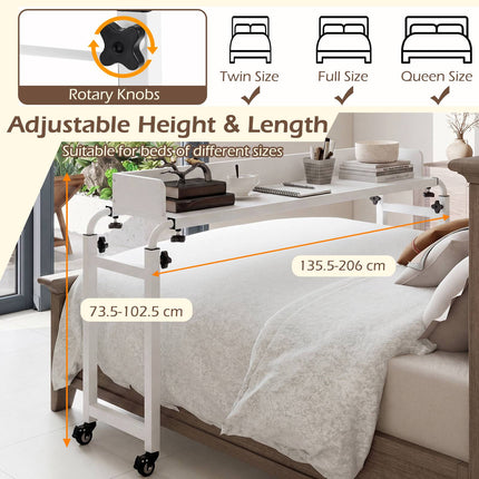 Adjustable Overbed Table with Wheels, White, 135.5-206 cm