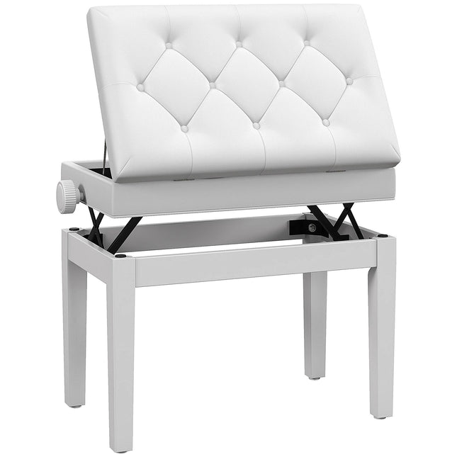 Adjustable Piano Bench with Storage, Faux Leather, White