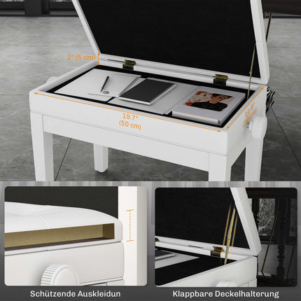 Adjustable Piano Bench with Storage, Faux Leather, White