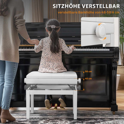 Adjustable Piano Bench with Storage, Faux Leather, White