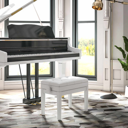 Adjustable Piano Bench with Storage, Faux Leather, White