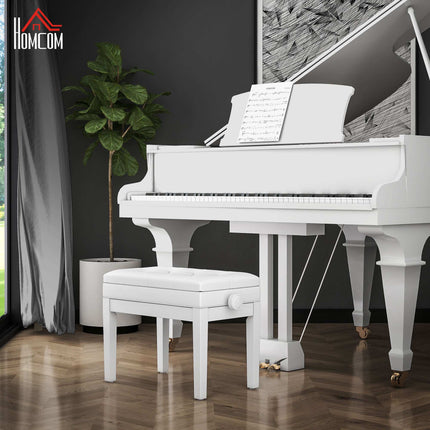 Adjustable Piano Bench with Storage, Faux Leather, White