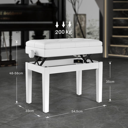 Adjustable Piano Bench with Storage, Faux Leather, White