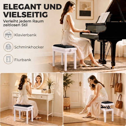 Adjustable Piano Bench with Velvet Cushion, White Rubberwood