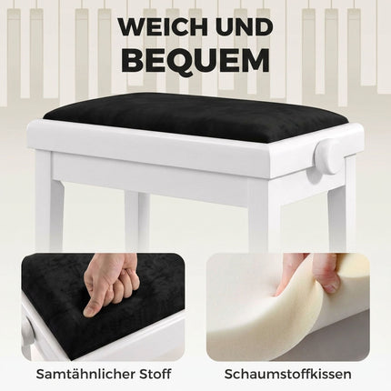 Adjustable Piano Bench with Velvet Cushion, White Rubberwood