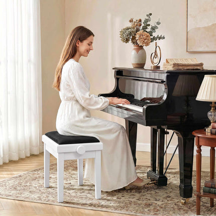 Adjustable Piano Bench with Velvet Cushion, White Rubberwood