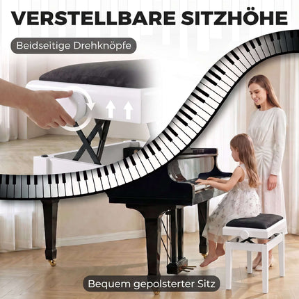 Adjustable Piano Bench with Velvet Cushion, White Rubberwood