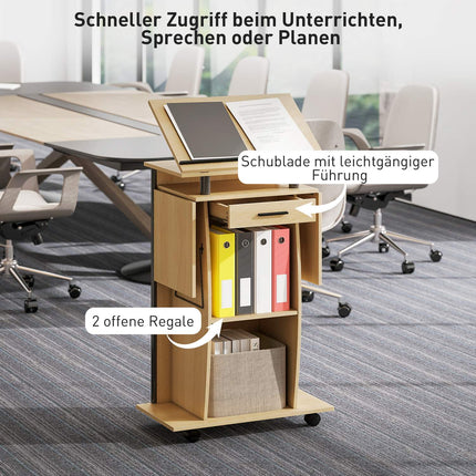 Adjustable Podium Stand with Shelves and Drawer, Oak Finish