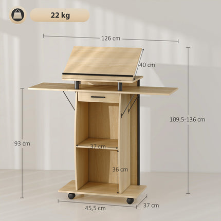 Adjustable Podium Stand with Shelves and Drawer, Oak Finish