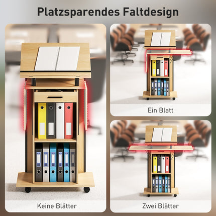 Adjustable Podium Stand with Shelves and Drawer, Oak Finish
