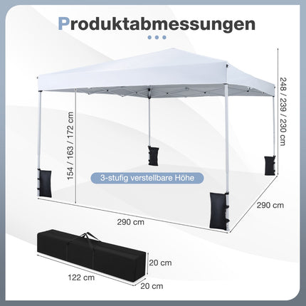 Adjustable Pop-Up Pavilion 290x290 cm, White, with Accessories