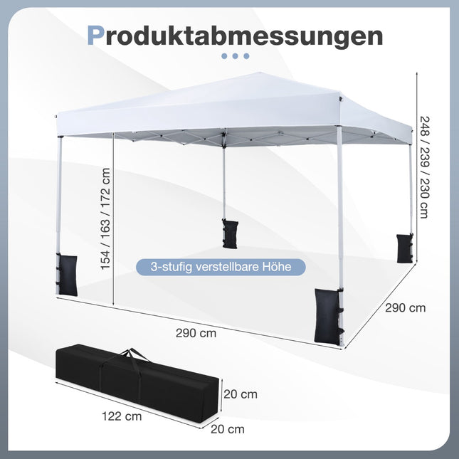 Adjustable Pop-Up Pavilion 290x290 cm, White, with Accessories
