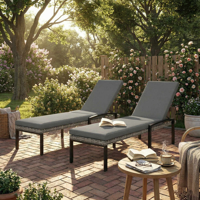 Adjustable Rattan Sun Lounger Set with Cushions, Grey