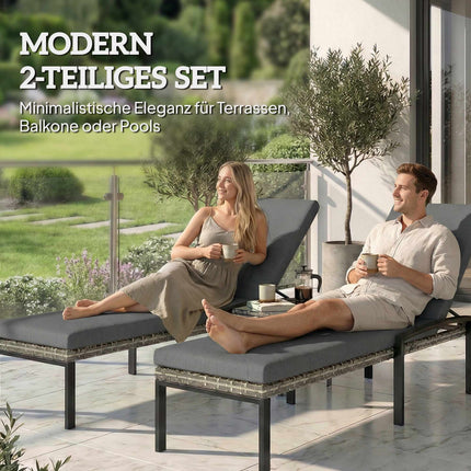 Adjustable Rattan Sun Lounger Set with Cushions, Grey