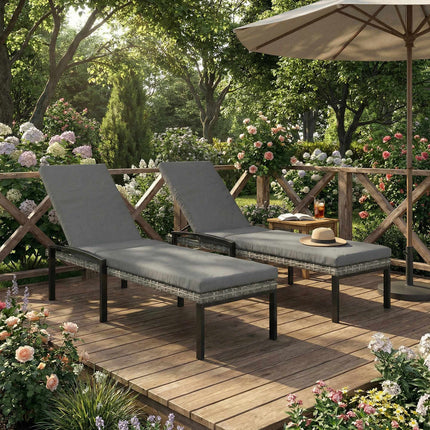 Adjustable Rattan Sun Lounger Set with Cushions, Grey