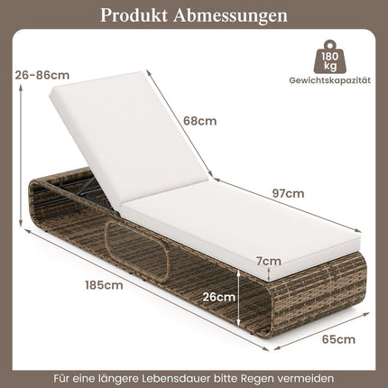 Adjustable Rattan Sun Lounger with Cushion, 180kg Capacity